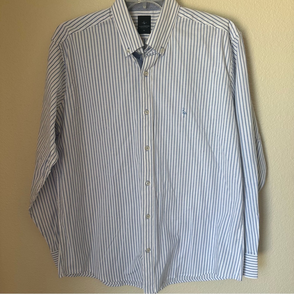 Taylorbyrd Men’s Shirt XL Striped White Blue Cotton Stretchy Classic Long Sleeve